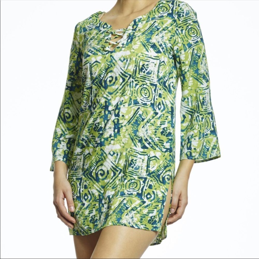 Batik Lace Up Tunic Swim Coverup Green Blue Margaritaville M Medium